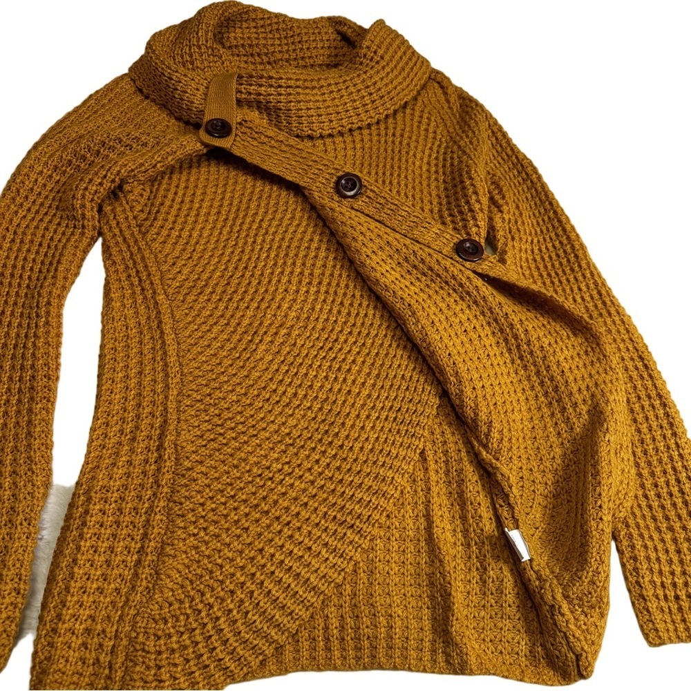Mustard Yellow Turtle Cowl Neck Chunky Knit Sweater Size Small Asymmetrical Hem - Picture 7 of 10
